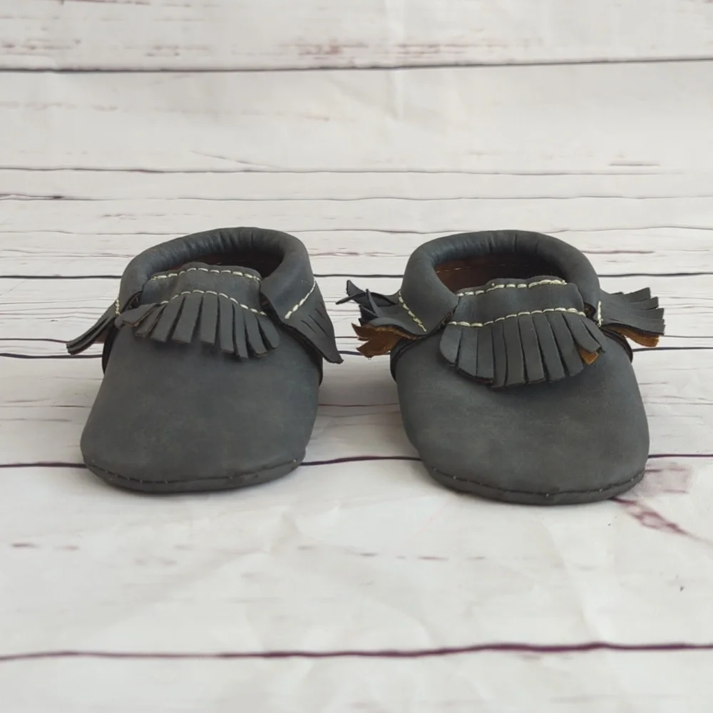 First Steps baby toddler shoes moccasins, two pairs gray & brown, size 2